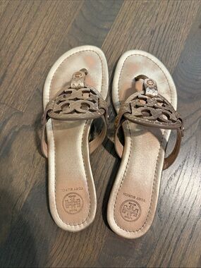 Tory Burch Metallic Rose Gold Logo Thong Sandals